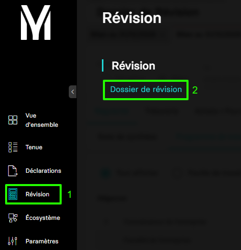 Aperçu du menu d'accès au dossier de révision